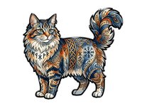 Fluffy cat with ornamental tribal patterns and geometric designs in blue, orange, and gold tones, isolated on white background for design use.