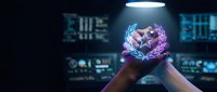 Hands holding glowing holographic crystal in futuristic control room with digital displays and advanced technology interface for sci-fi projects.