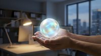 Hands holding glowing holographic sphere with rainbow reflections in modern office workspace. Digital technology innovation concept for business presentations.