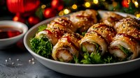Asian fusion appetizer rolls with shrimp and fresh greens wrapped in crispy pastry, garnished with sesame seeds and sweet chili sauce on dark background.