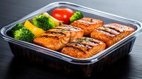Grilled salmon fillets with teriyaki glaze in meal prep container alongside fresh broccoli, bell pepper and cherry tomato on dark background. Ready to eat lunch.