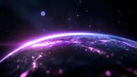 Curved horizon of Earth from space with glowing purple and blue city lights scattered across continents, stars and cosmic atmosphere creating magical nighttime view.