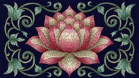Embroidered lotus flower with ornate floral scrollwork on dark background. Traditional needlework design for textile decoration and craft projects.