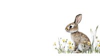 Watercolor bunny sitting in spring meadow with yellow wildflowers and grass, gentle nature illustration on white background, isolated design element.