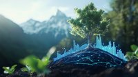 Futuristic glowing blue city skyline miniature emerging from soil with green tree and majestic mountain peaks in background creates magical forest scene.