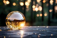 Crystal glass sphere on wooden surface reflecting winter landscape and bokeh lights creating magical atmosphere at sunset. Artistic nature photography.