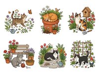 Tabby cat playing among wildflowers and butterflies, orange pumpkins in terracotta pot with autumn foliage, calico cat near wooden birdhouse surrounded by blooming flowers, gray rabbit with potted plants and garden tools, black and white cat resting among potted herbs and vegetables, black cat climbing green trellis with flowering vines and potted plants.