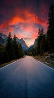 Straight asphalt road stretching through alpine valley with coniferous forest and dramatic mountain peaks under vibrant sunset sky with orange and red clouds.