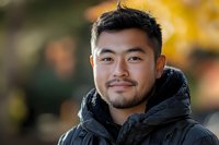 Young Asian man with friendly smile wearing black winter jacket outdoors in autumn park setting with natural bokeh background. Suitable for lifestyle content.
