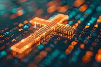 Glowing cross shape formed by electronic circuit components on digital background with binary code, combining technology and faith symbolism in orange and teal tones.