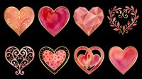 Watercolor and geometric hearts in warm tones, isolated on transparent background. Ready for t-shirt designs, clipart, stickers, print-on-demand products, sublimation, greeting cards, and digital crafts.
