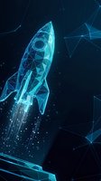 Futuristic rocket launch with glowing blue wireframe design and geometric network connections on dark digital background for technology concepts.