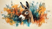 Artistic donkey portrait with watercolor floral background in orange and teal tones, featuring detailed head study against abstract botanical elements and splashes.