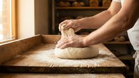Baker kneading dough on wooden surface in rustic kitchen. Male hands working with fresh bread dough for baking artisan loaves.
