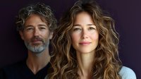 Mature couple with natural wavy hair and genuine smiles against dark background, expressing authentic connection and modern lifestyle in casual portrait.