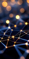 Abstract network connections with glowing nodes and golden bokeh lights on dark blue background, representing digital technology and connectivity.