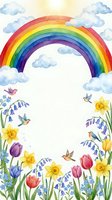 Watercolor rainbow with fluffy clouds above spring garden flowers including tulips, daffodils and bluebells with flying birds on white background.