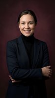 Professional Caucasian businesswoman in dark suit with crossed arms smiling confidently against burgundy background for corporate headshots and business marketing.