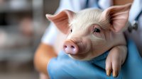 Adorable pink piglet held by veterinarian in blue medical gloves at animal clinic for health checkup and care.