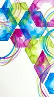 Vibrant watercolor hexagonal shapes with flowing curves in blue, pink, green and purple hues on white background for modern design projects.