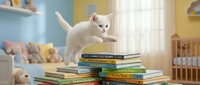 White fluffy cat playfully jumping on stack of colorful books in bright nursery room with toys and crib, perfect for children's education and pet-related content.