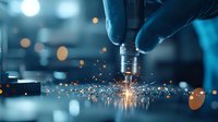 Macro shot of metal drilling process with bright sparks flying in blue industrial environment. Metalworking machinery in action with dramatic lighting effects.