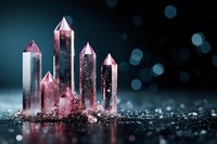 Mystical pink quartz crystal clusters with glowing tips on dark background with bokeh lights and sparkles, magical mineral formation for spiritual concept.