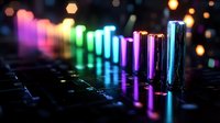 Professional audio mixing console with colorful LED lighting and bokeh effects for music production and sound engineering applications.