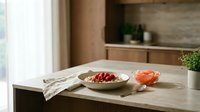 Minimalist kitchen table setting with fresh tomatoes in ceramic bowl, linen napkin, and potted plant on marble countertop for culinary and home decor projects.