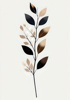 Minimalist botanical branch with black and beige leaves on light background, isolated design element for modern wall art and stationery decoration.