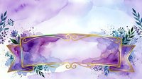 Watercolor banner with purple and lavender hues, ornate gold frame, botanical leaf accents, and splattered paint effects. Isolated design element for invitations, posters, and digital projects.