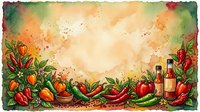 Watercolor illustration of fresh vegetables and hot sauce bottles arranged on rustic surface with warm autumn tones, suitable for food packaging, recipe blogs, and culinary designs.
