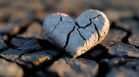 Broken stone heart on cracked ground at sunset, symbolizing heartbreak, loss and emotional pain. Natural light creates dramatic shadows on rough texture.