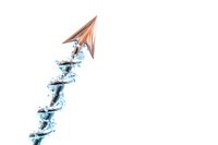 Metallic copper arrow spiraling upward with dynamic blue liquid splash effect against white background, isolated design element for creative projects.