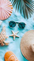 Summer beach accessories on turquoise sand background with palm leaf, round sunglasses, straw hat, seashells, starfish, and coral fan creating tropical vacation mood.