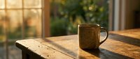 Rustic ceramic mug on wooden table by window with warm sunlight, suitable for beverage, lifestyle, and home decor projects.