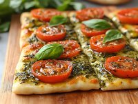 Fresh pesto flatbread topped with sliced tomatoes and basil leaves on wooden cutting board, close up view showing vibrant colors and textures of Mediterranean cuisine.