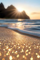 Glittering golden sand sparkles at sunset as waves wash ashore, with dramatic mountain silhouettes and sun rays breaking through peaks creating magical coastal scenery.