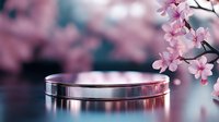 Elegant metallic ring with pink cherry blossoms in soft focus background creates romantic wedding or engagement scene with delicate spring atmosphere.