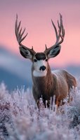 Majestic mule deer buck with large antlers standing in frosty grassland during pink sunrise, wildlife photography for hunting and nature themes.
