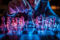 Glass chess pieces illuminated by vibrant pink and blue neon lights on reflective board surface, creating dramatic atmosphere with hand moving queen piece in strategic play.