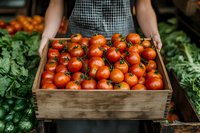 Fresh ripe tomatoes in rustic wooden crate at farmers market. Female vendor in checkered apron displays organic produce among green vegetables.