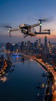 Modern drone flying over illuminated city skyline at dusk with river and bridge lights creating stunning urban aerial photography perspective.