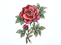 Red rose with buds and green leaves on white background, isolated botanical illustration suitable for wedding invitations, greeting cards, and floral design projects.