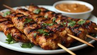 Grilled chicken skewers with charred marks garnished with fresh herbs, served on white plate alongside peanut dipping sauce, close-up view of Asian cuisine.