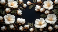 Delicate white camellia flowers with golden centers arranged on dark background, blooming branches with green leaves create elegant floral composition.