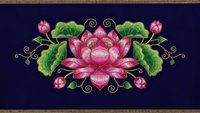 Embroidered pink lotus flower with green leaves and decorative swirls on dark blue fabric background. Traditional floral needlework design for textile decoration.