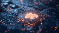 Glowing cloud computing processor on dark circuit board with orange light particles, representing digital technology and data processing.