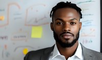 Young African American businessman with beard and braided hair looking confidently at camera. Professional portrait against blurred office background with sticky notes.