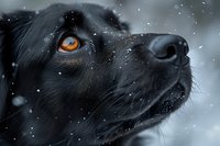 Close-up portrait of black dog with amber eye in snow, dramatic winter scene showing detailed fur texture and snowflakes falling against blurred background.